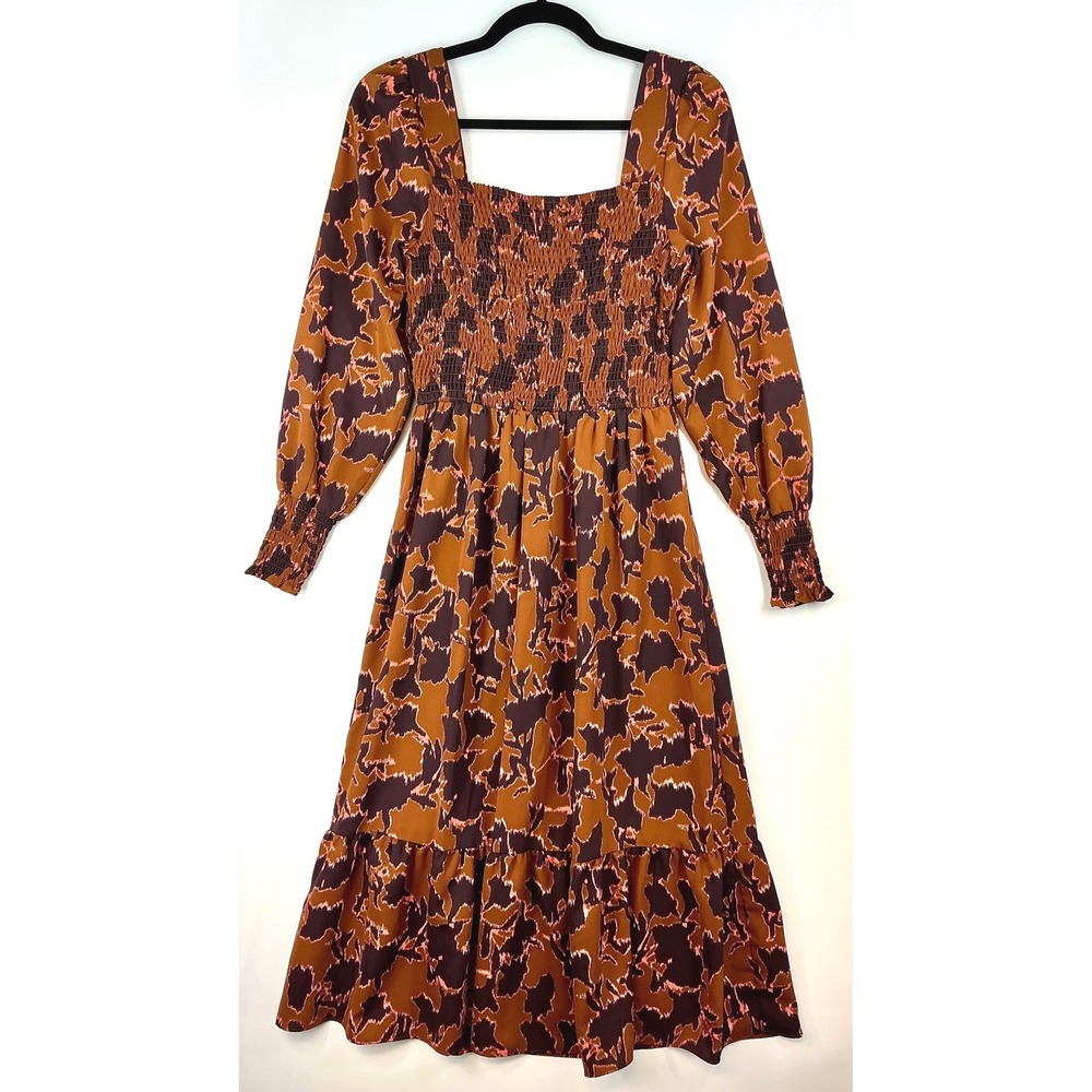 Nine West Brown Orange Pink Midi Dress Square Neck Smocked Bishop Sleeve